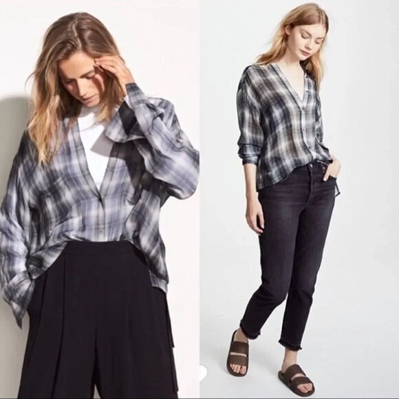 Vince Shadow Plaid Silk Georgette V Neck Blouse Large - Picture 2 of 12